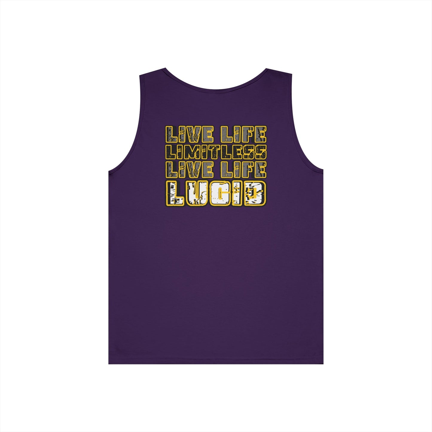 Purple Live Life Limitless tank, LIVE LIFE LIMITLESS LIVE LIFE LUCID back graphic, flat lay