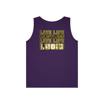 Purple Live Life Limitless tank, LIVE LIFE LIMITLESS LIVE LIFE LUCID back graphic, flat lay