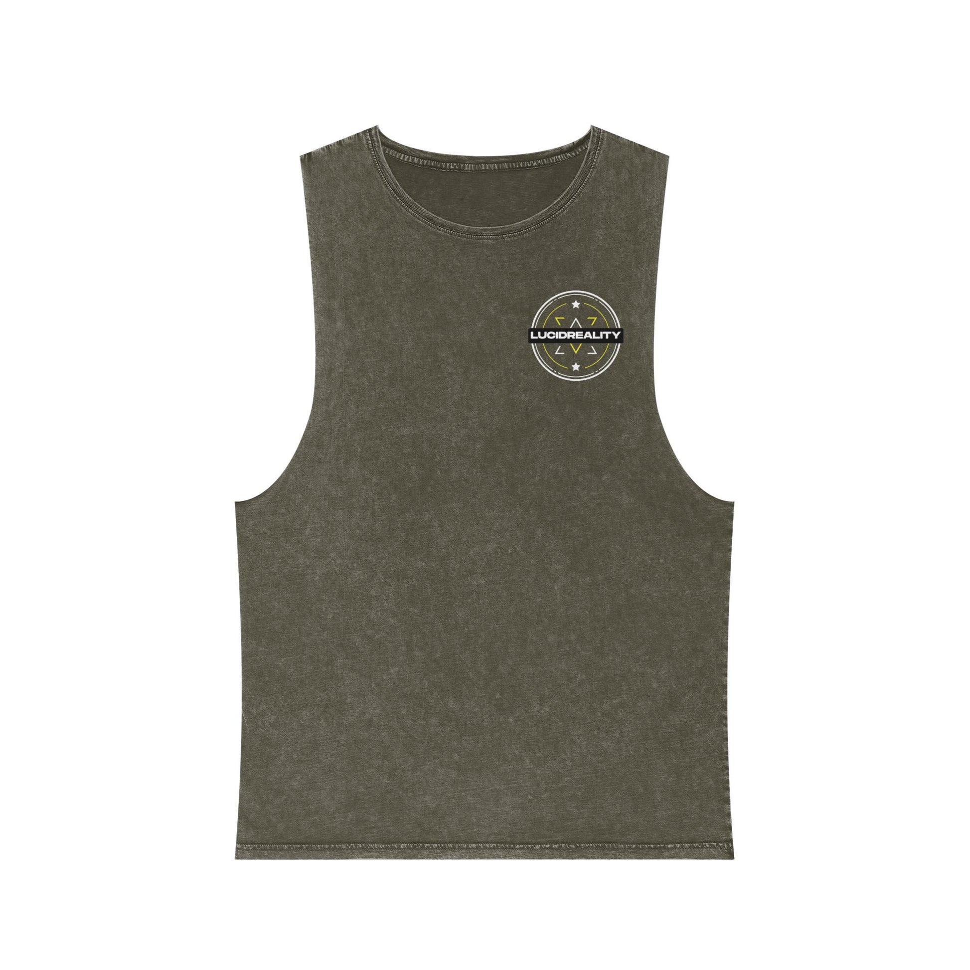 Moss Stone Lucid Reality stonewash tank, front emblem, flat