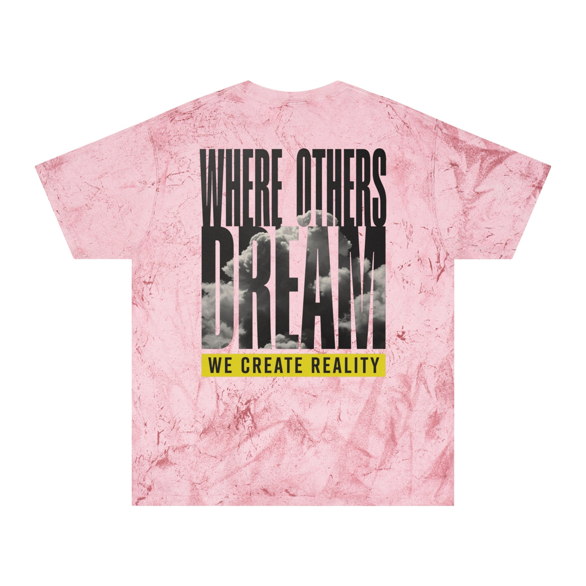 Smoke Color Blast tee, marbled grey, back Where Others Dream We Create Reality graphic, flat