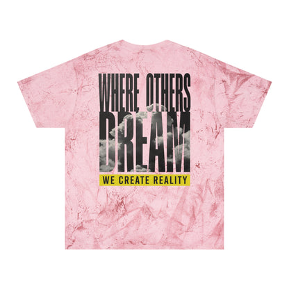 Smoke Color Blast tee, marbled grey, back Where Others Dream We Create Reality graphic, flat