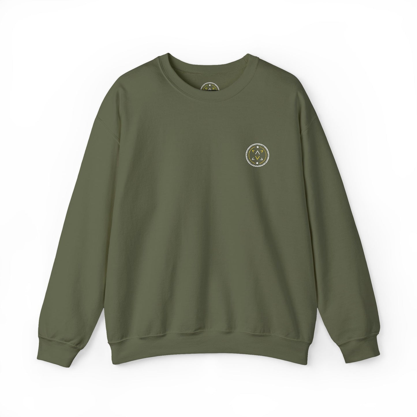 Front product mockup of the Lucid Reality Minimalist Embroidered Logo Crewneck – White & Gold