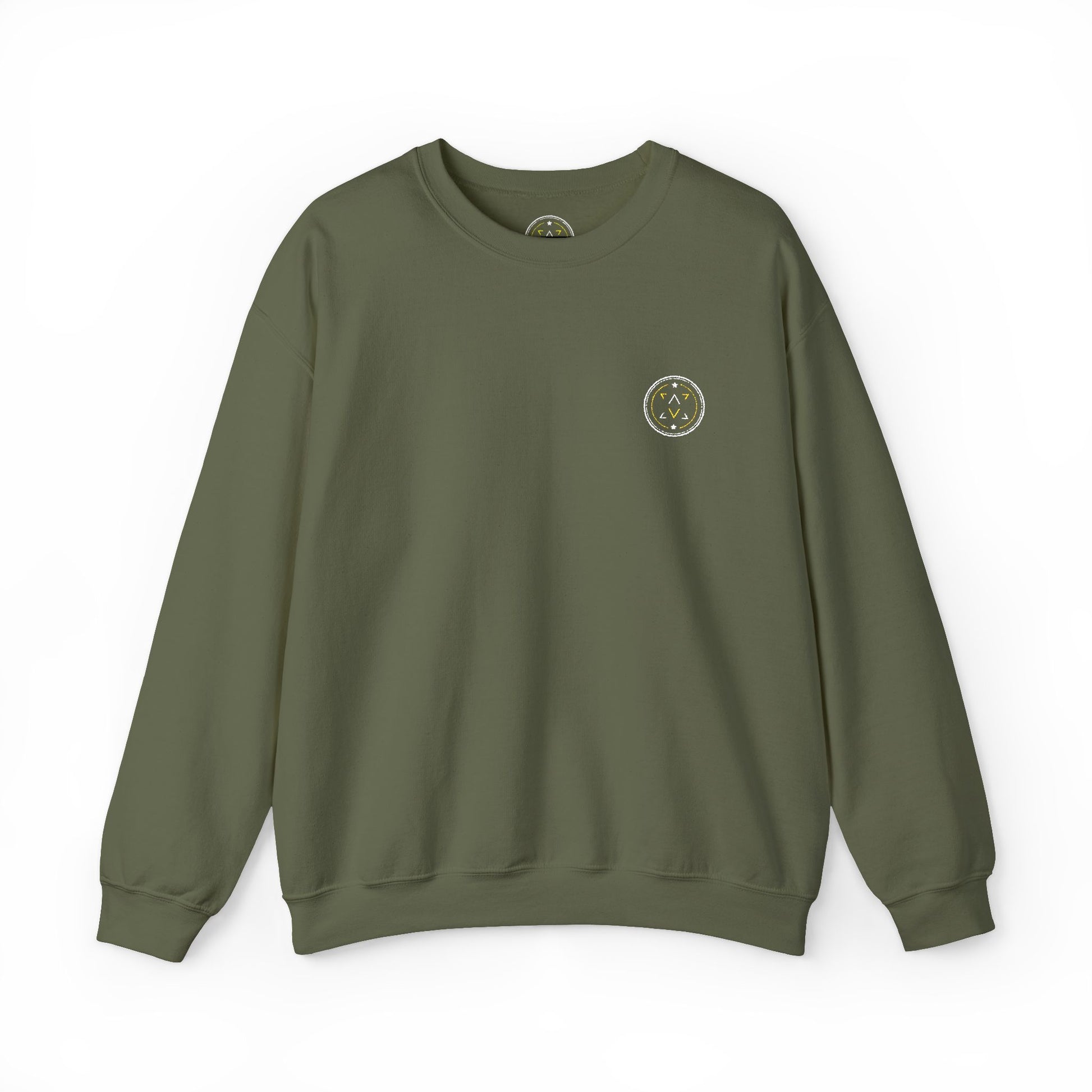Front product mockup of the Lucid Reality Minimalist Embroidered Logo Crewneck – White & Gold