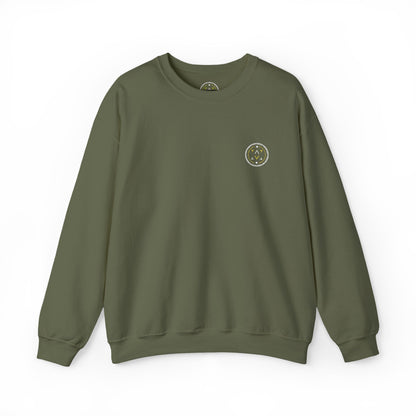 Front product mockup of the Lucid Reality Minimalist Embroidered Logo Crewneck – White & Gold