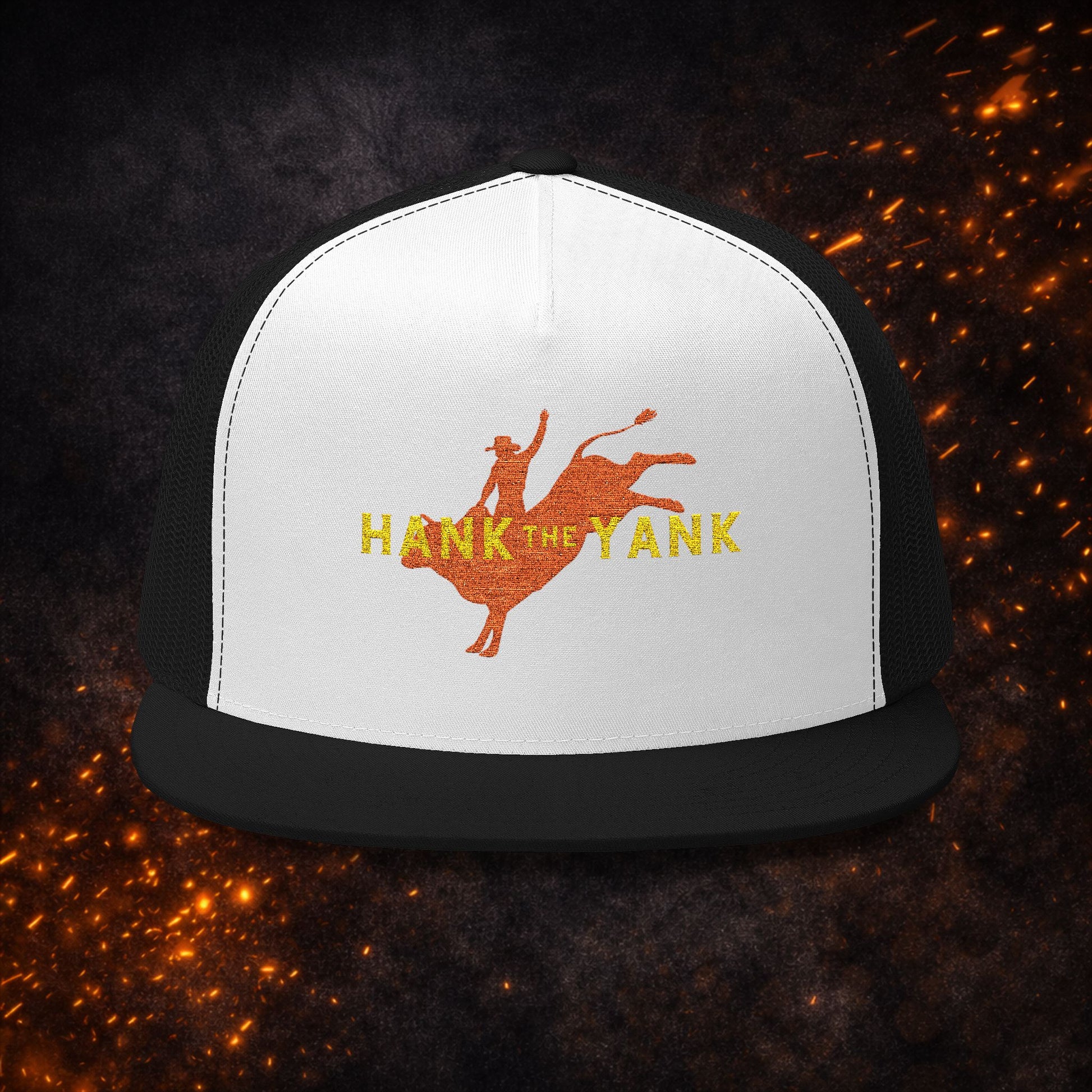 Lucid Reality x Hank The Yank Longhorn Trucker Cap in black and white with the red longhorn bull rider graphic.