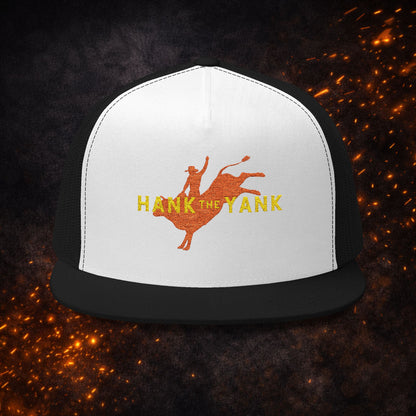 Lucid Reality x Hank The Yank Longhorn Trucker Cap in black and white with the red longhorn bull rider graphic.