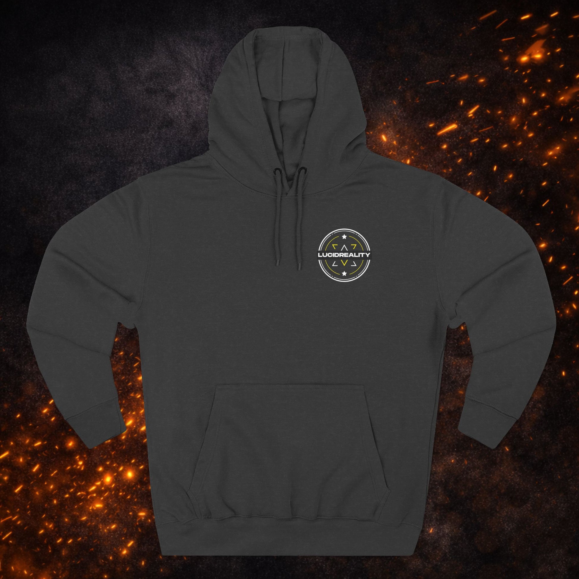 Hood-up view of the black "Where Others Dream We Create Reality" Fleece Pullover Hoodie.