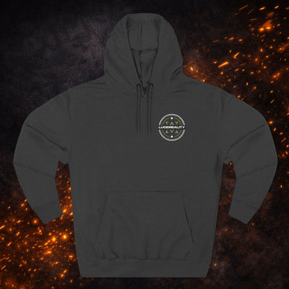 Hood-up view of the black "Where Others Dream We Create Reality" Fleece Pullover Hoodie.