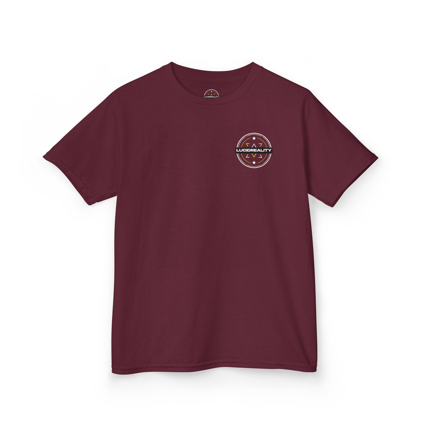 Maroon Live Life Limitless Badge Kids Tee, front Lucid Reality logo, flat lay