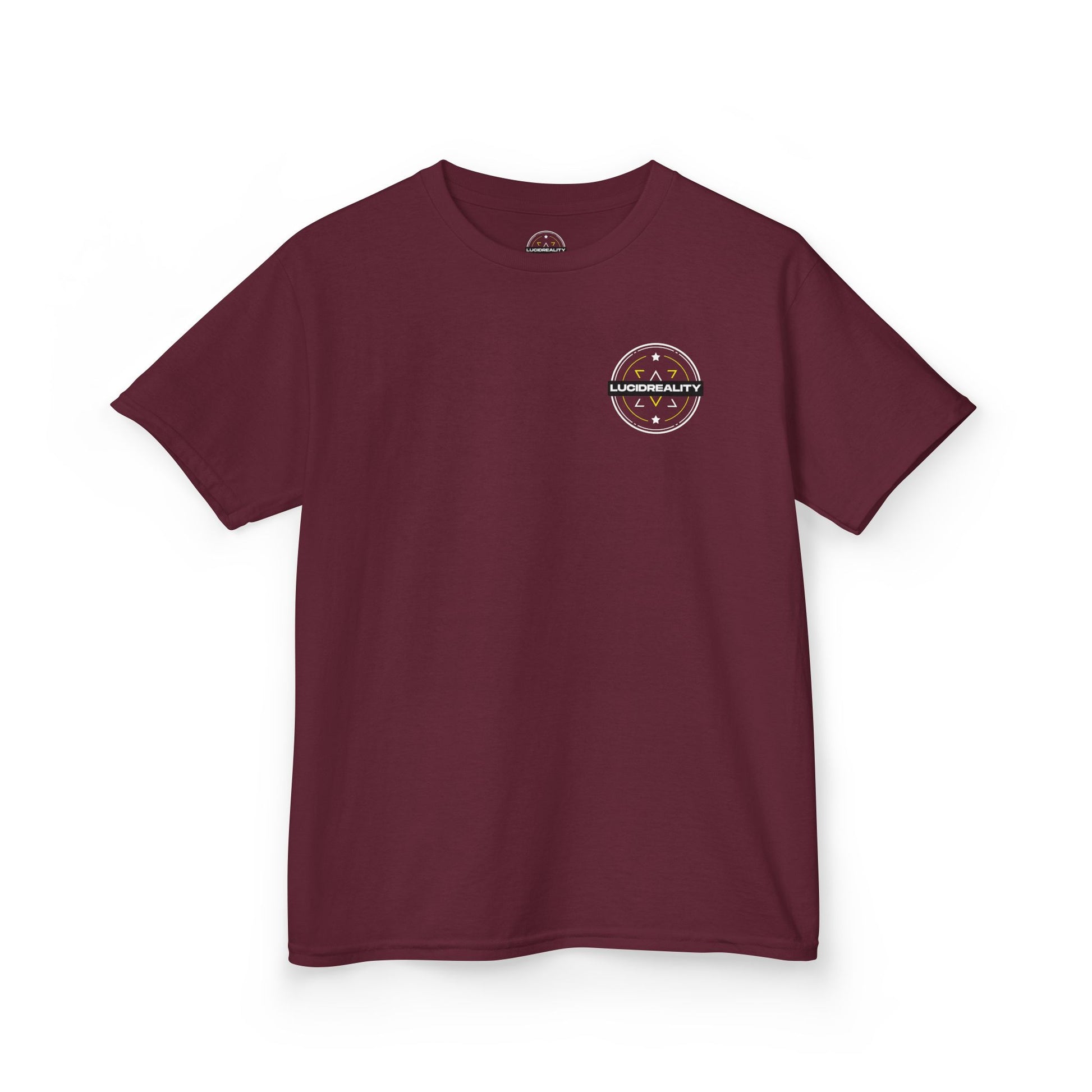 Maroon Live Life Limitless Badge Kids Tee, front Lucid Reality logo, flat lay