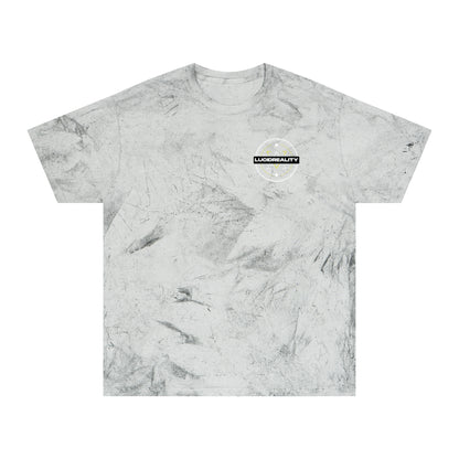 Smoke Color Blast tee, marbled grey, front Lucid Reality emblem, flat