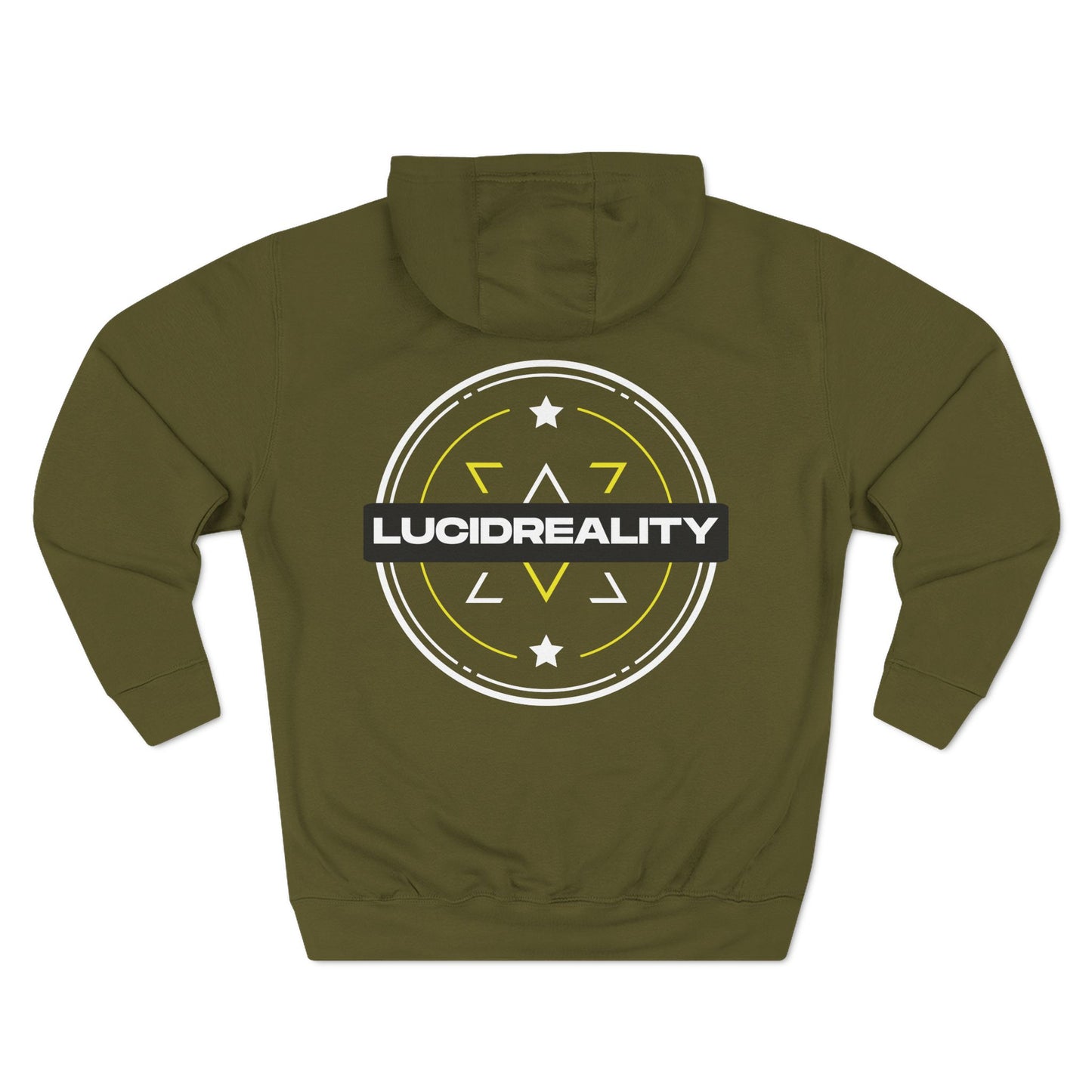 Army green Lucid Reality hoodie, circular emblem back graphic, flat