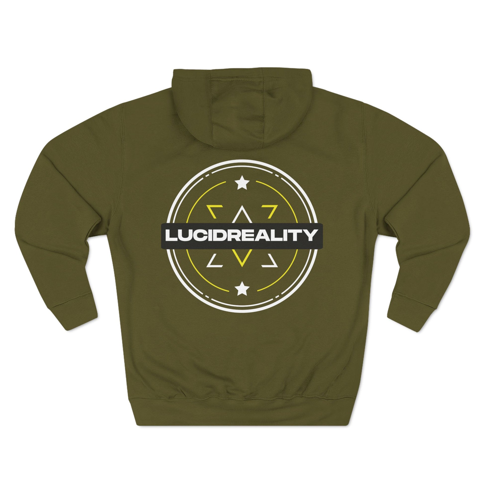 Army green Lucid Reality hoodie, circular emblem back graphic, flat
