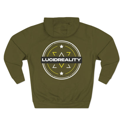 Army green Lucid Reality hoodie, circular emblem back graphic, flat