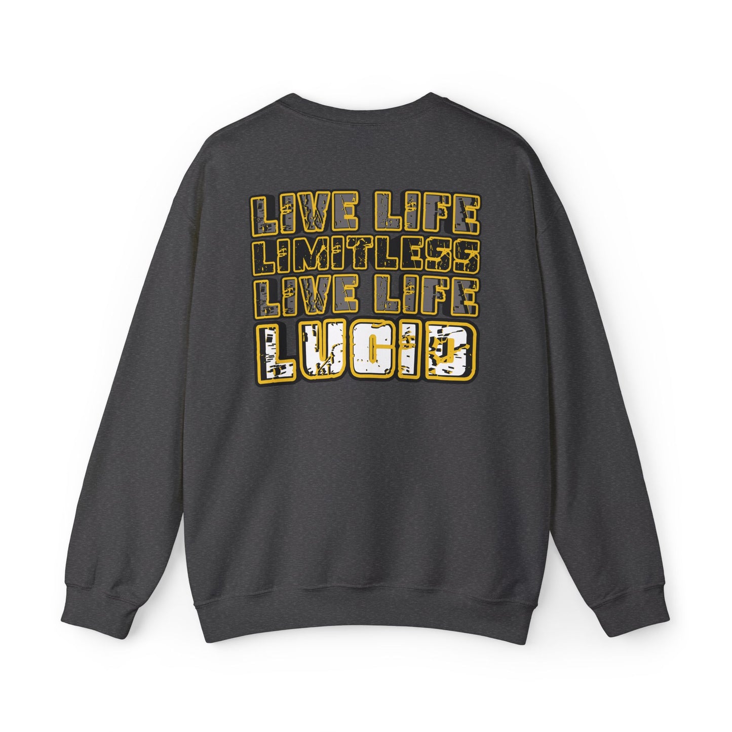 Dark heather grey Live Life Limitless crewneck, back graphic, flat