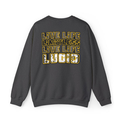 Dark heather grey Live Life Limitless crewneck, back graphic, flat