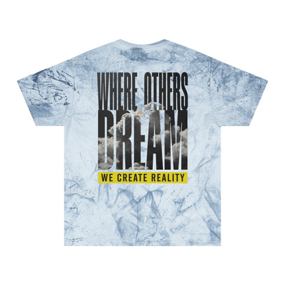 Clay Color Blast tee, marbled rust, back Where Others Dream We Create Reality graphic, flat