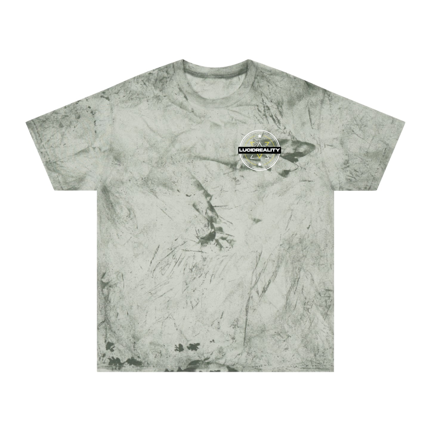 Fern Color Blast tee, marbled green, front Lucid Reality emblem, flat