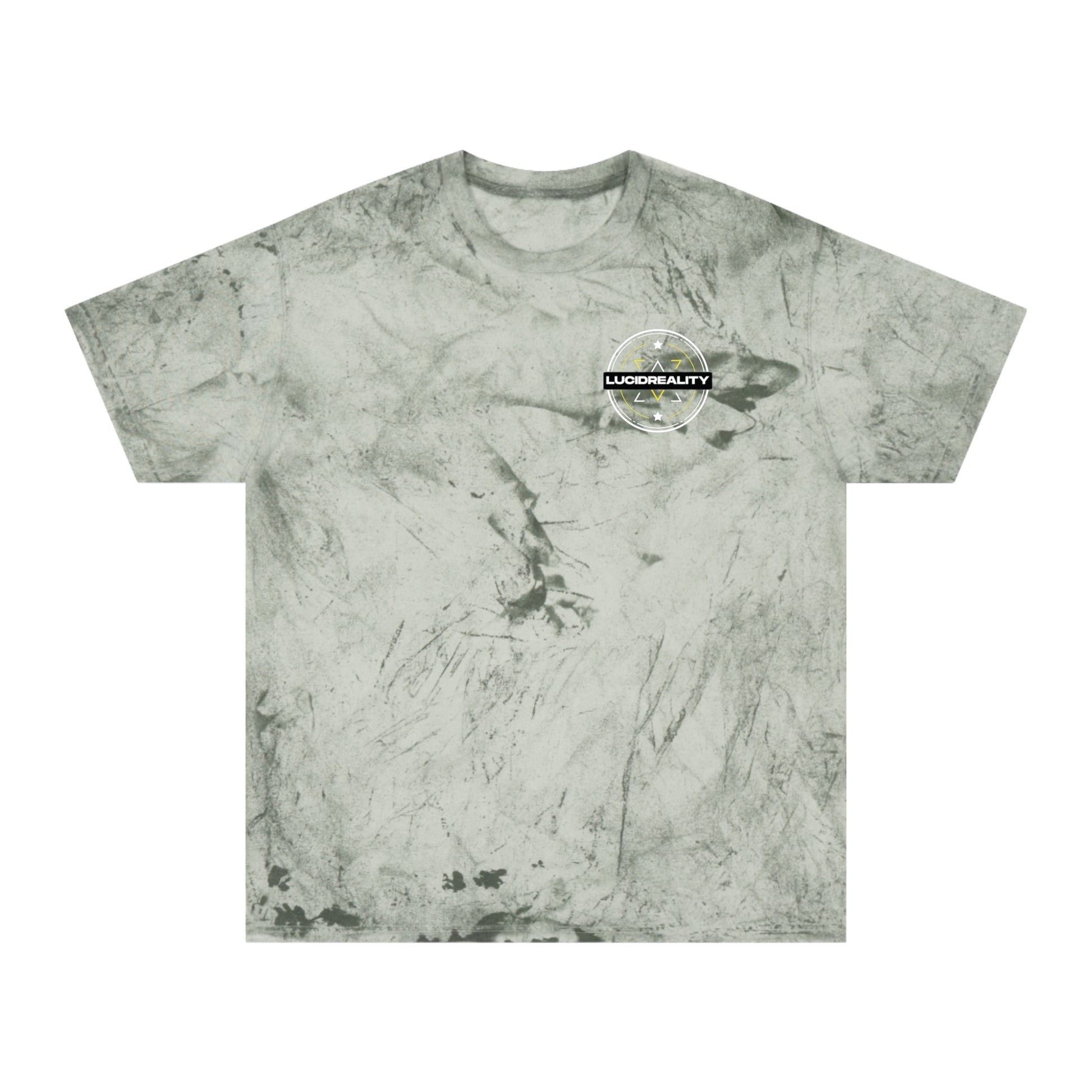 Fern Color Blast tee, marbled green, front Lucid Reality emblem, flat