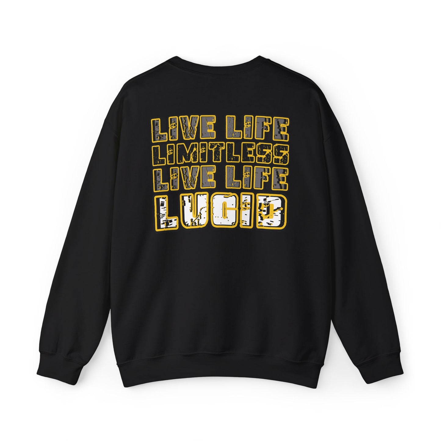 Black Live Life Limitless crewneck, back graphic, flat