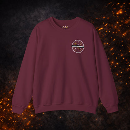 Front view of the maroon Lucid Reality Crewneck Sweatshirt with small circular chest logo.