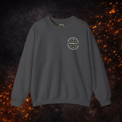Front view of the dark gray Lucid Reality Crewneck Sweatshirt featuring the small circular chest logo.