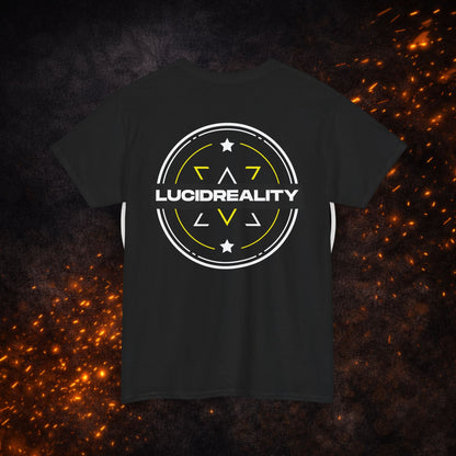 
Back view of the black Logo Tee with the "LUCID REALITY" circular shield graphic.