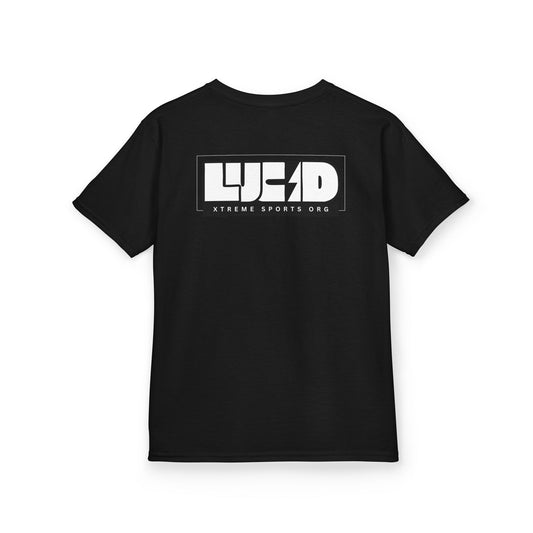 Black Lightning Bolt Kids Tee, back LUCID lightning bolt design, flat lay