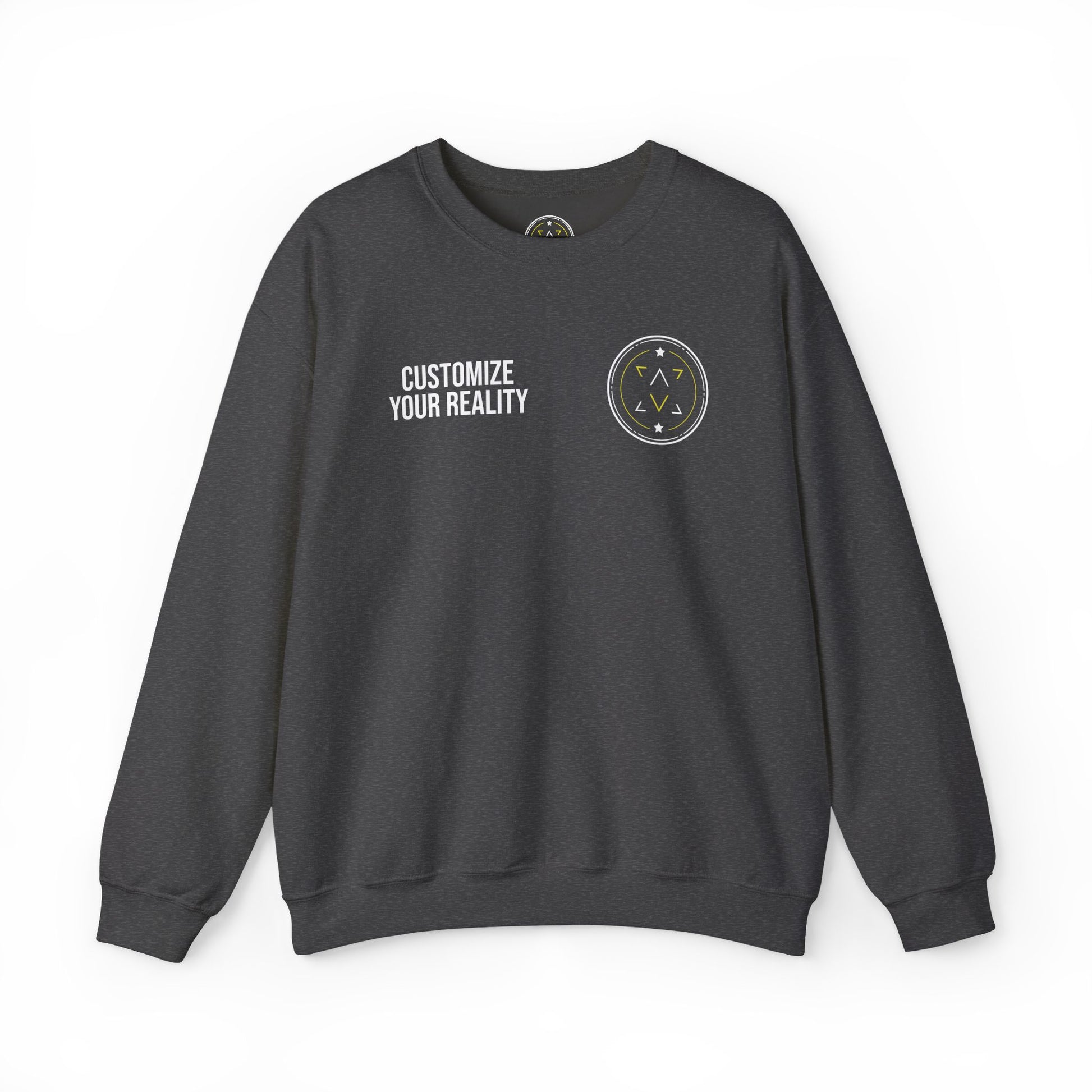 Dark heather grey custom Lucid Reality crewneck, front view, flat