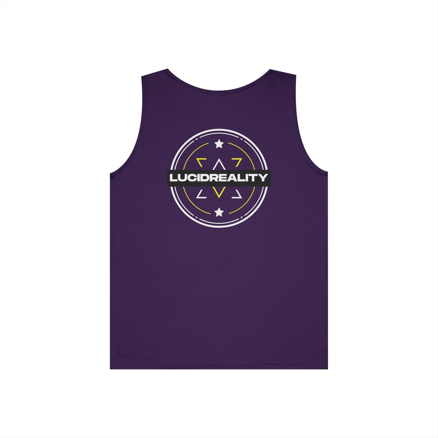 Purple Lucid Reality Emblem tank, full circular Lucid Reality emblem back graphic, flat lay