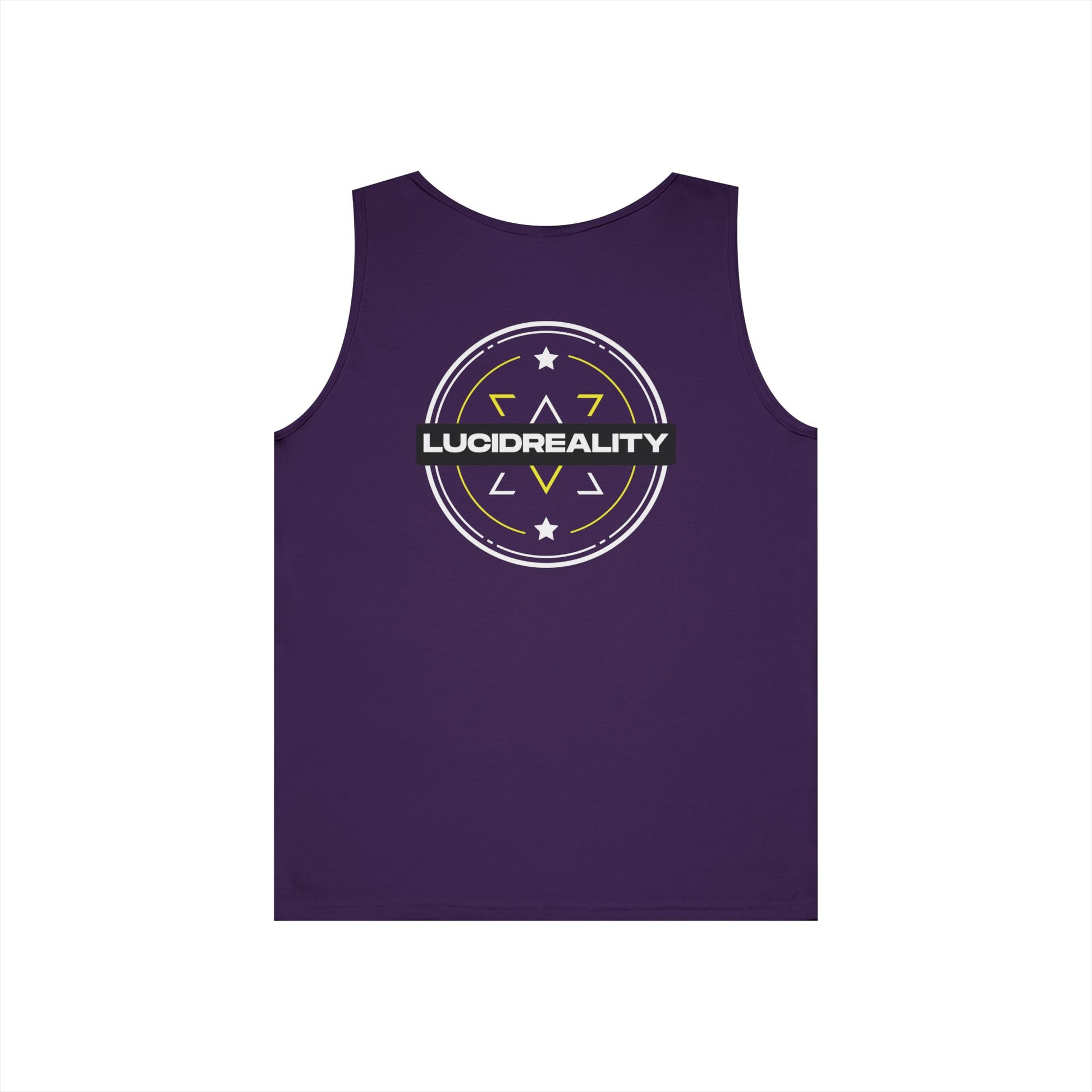 Purple Lucid Reality Emblem tank, full circular Lucid Reality emblem back graphic, flat lay