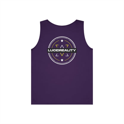 Purple Lucid Reality Emblem tank, full circular Lucid Reality emblem back graphic, flat lay