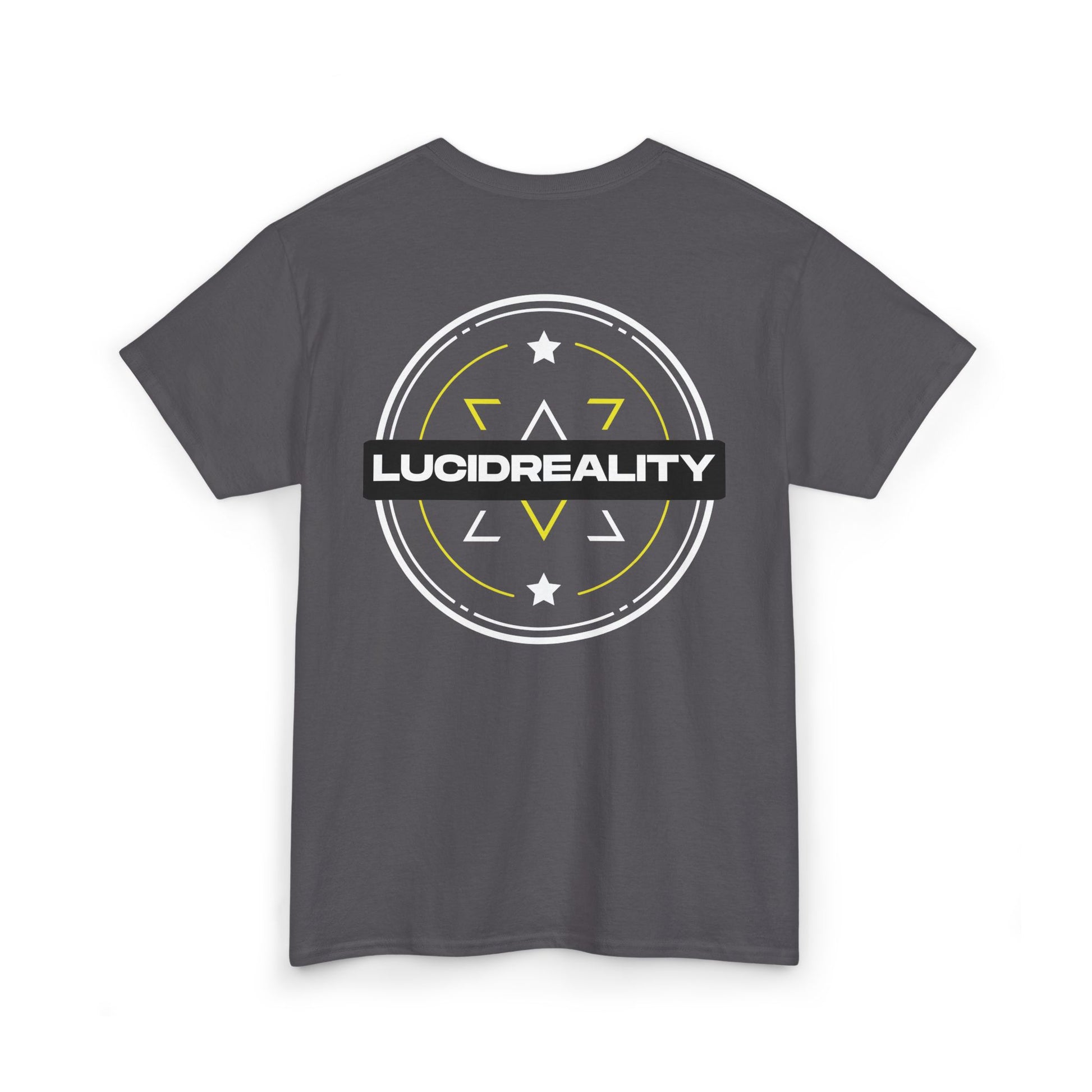 Charcoal Lucid Reality logo tee, back emblem, flat
