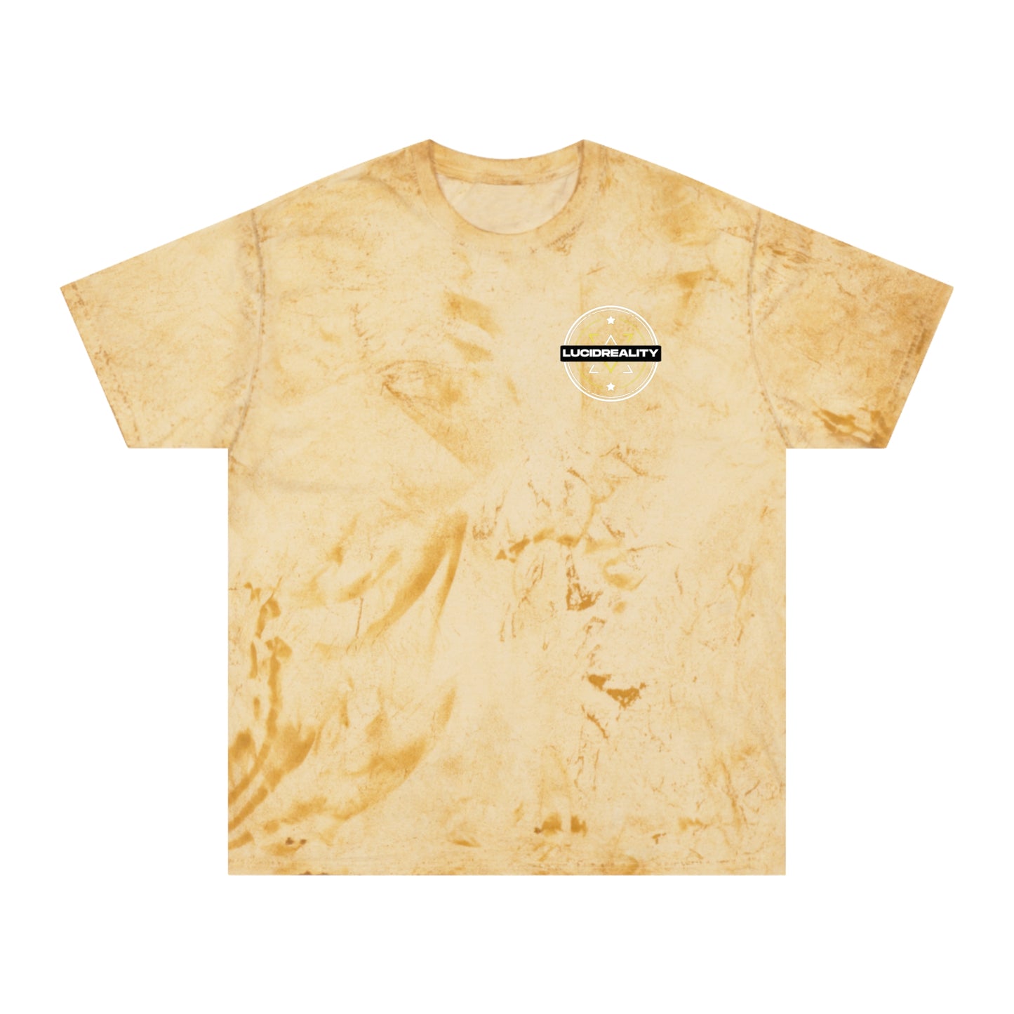 Citrine Color Blast tee, marbled yellow, front Lucid Reality emblem, flat
