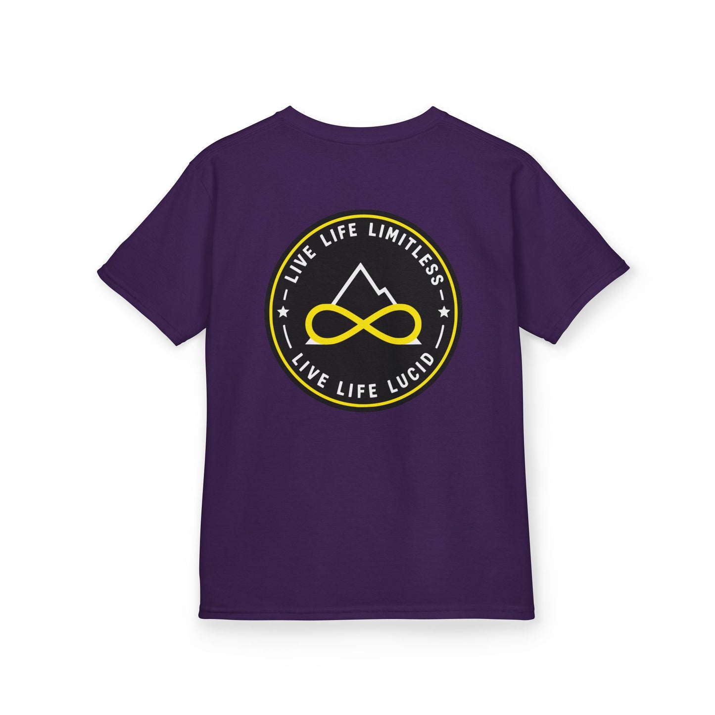 Purple Live Life Limitless Badge Kids Tee, back badge graphic, flat lay