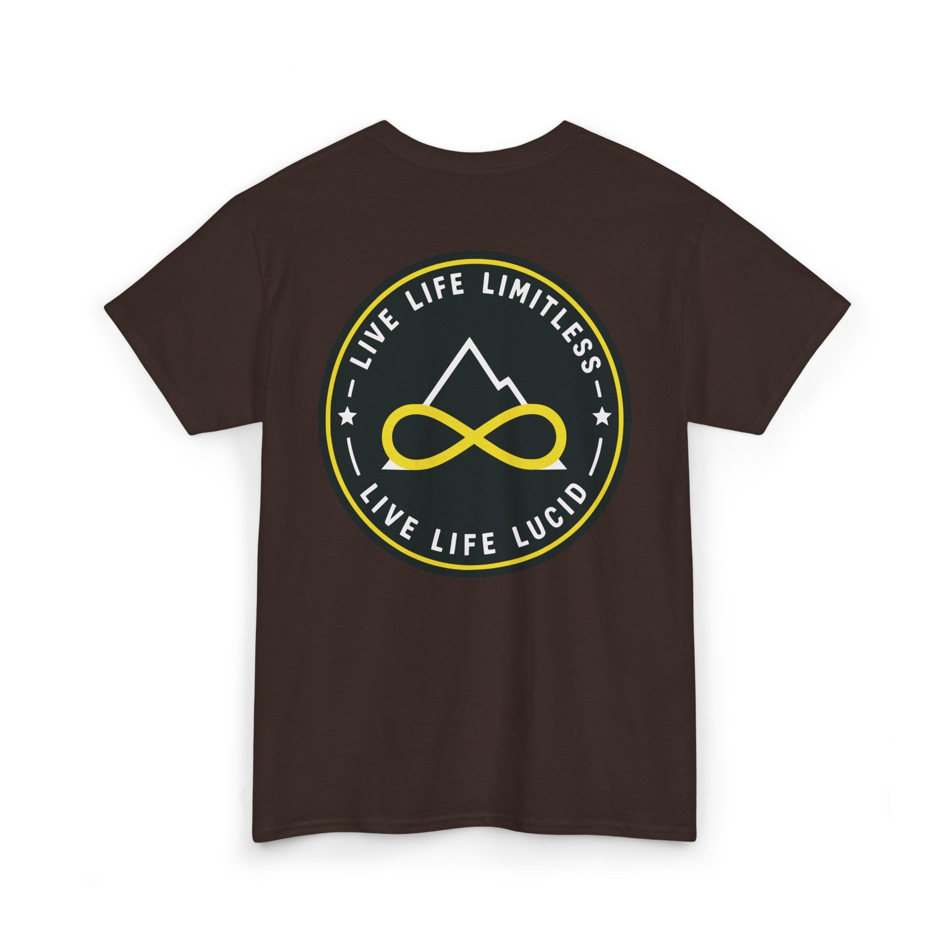 Maroon Live Life Limitless Badge Tee, back badge graphic, flat lay