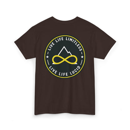 Maroon Live Life Limitless Badge Tee, back badge graphic, flat lay
