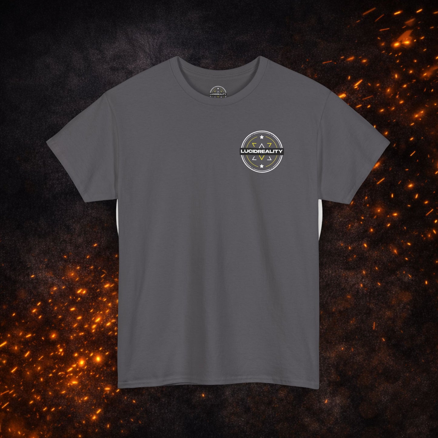 Front view of the dark gray Lucid Reality Tee with small circular chest logo.