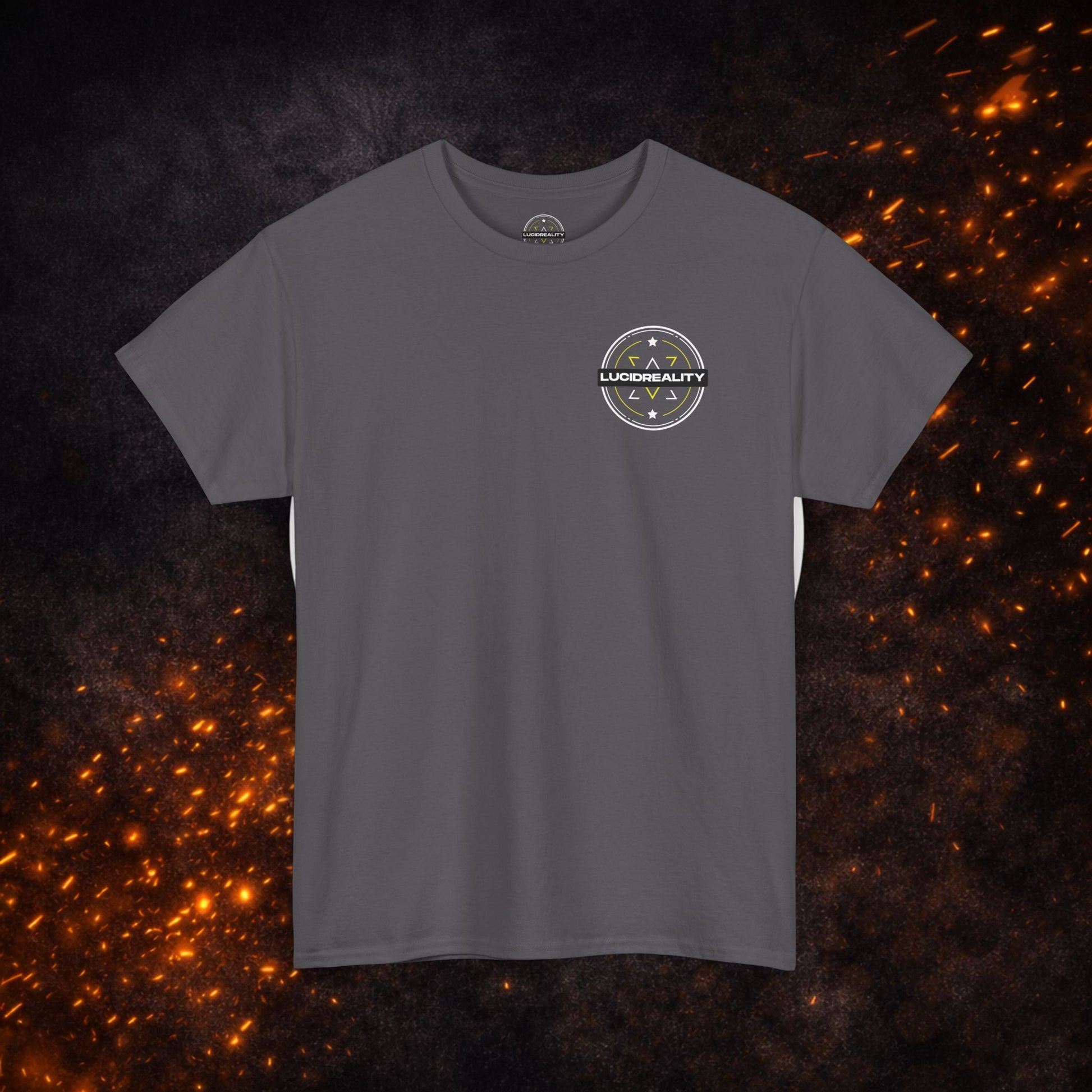 Front view of the dark gray Lucid Reality Tee with small circular chest logo.