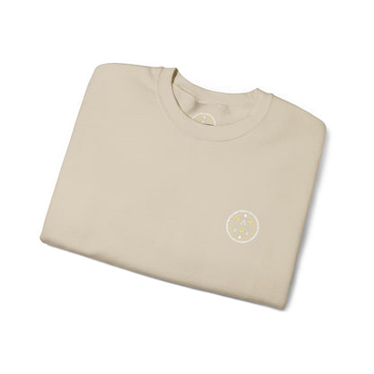 Lifestyle photo of the Lucid Reality Minimalist Embroidered Logo Crewneck – White & Gold