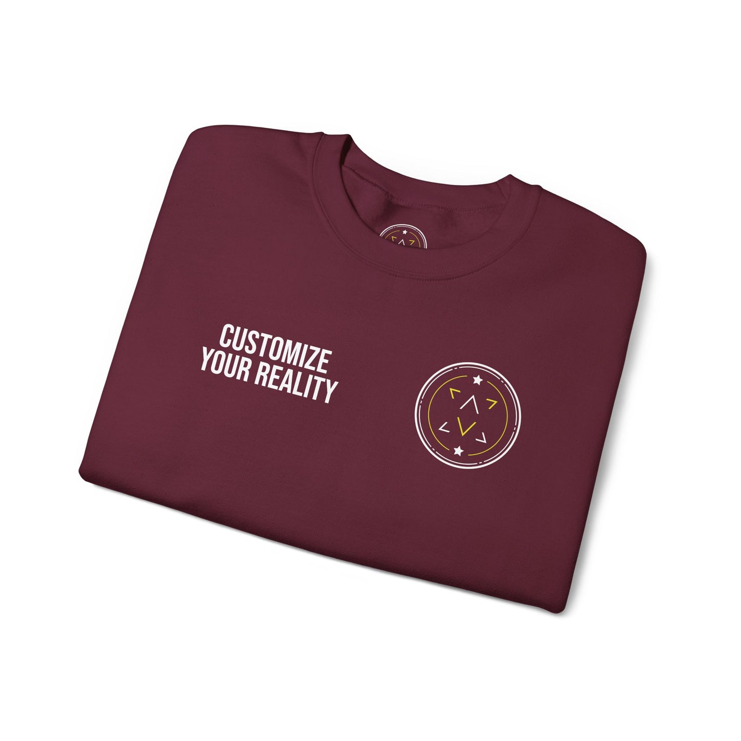 Maroon custom Lucid Reality crewneck, folded, front emblem detail