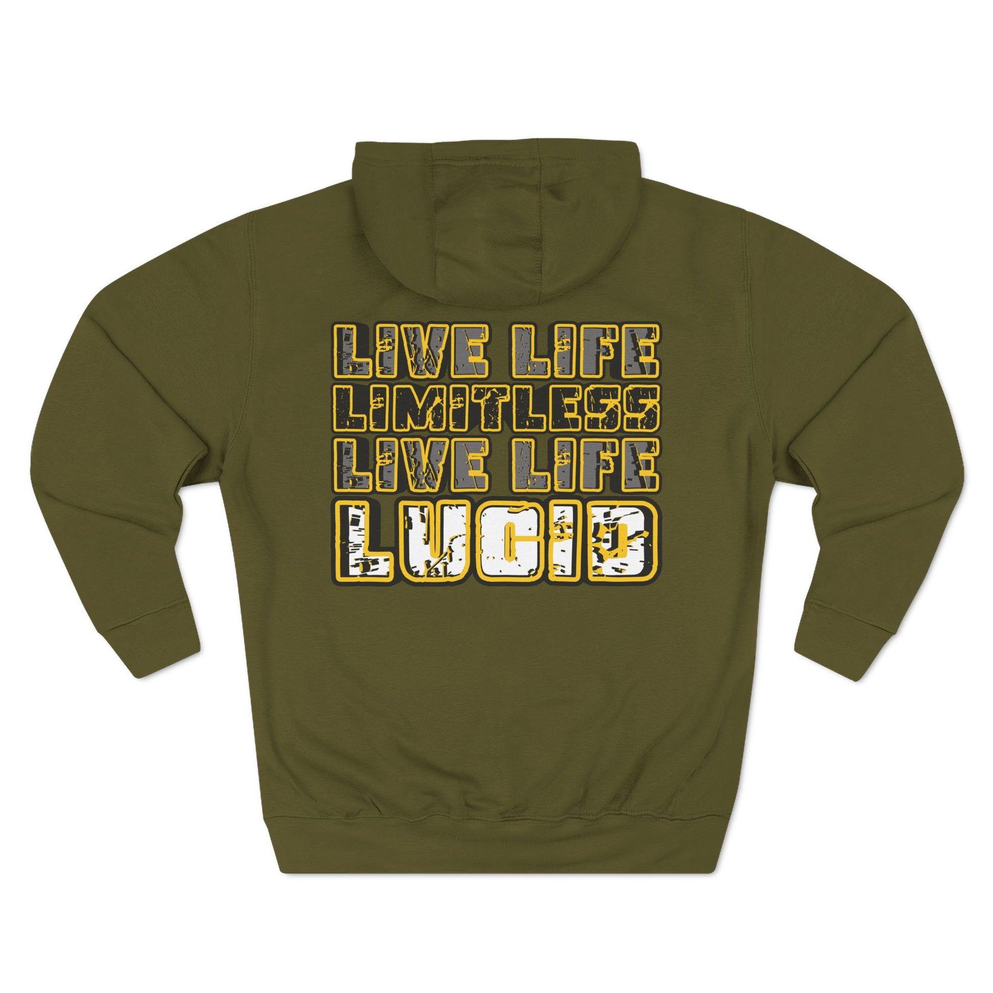 Army green Live Life Limitless hoodie, back graphic, flat