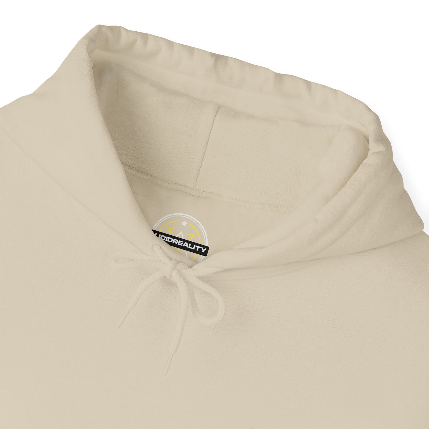 Lifestyle photo of the Lucid Reality Minimalist Embroidered Logo Hoodie – White & Gold