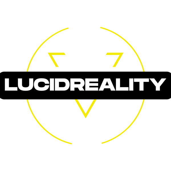 Bold Lucid Reality circular logo with stars, yellow and white geometric accents on black