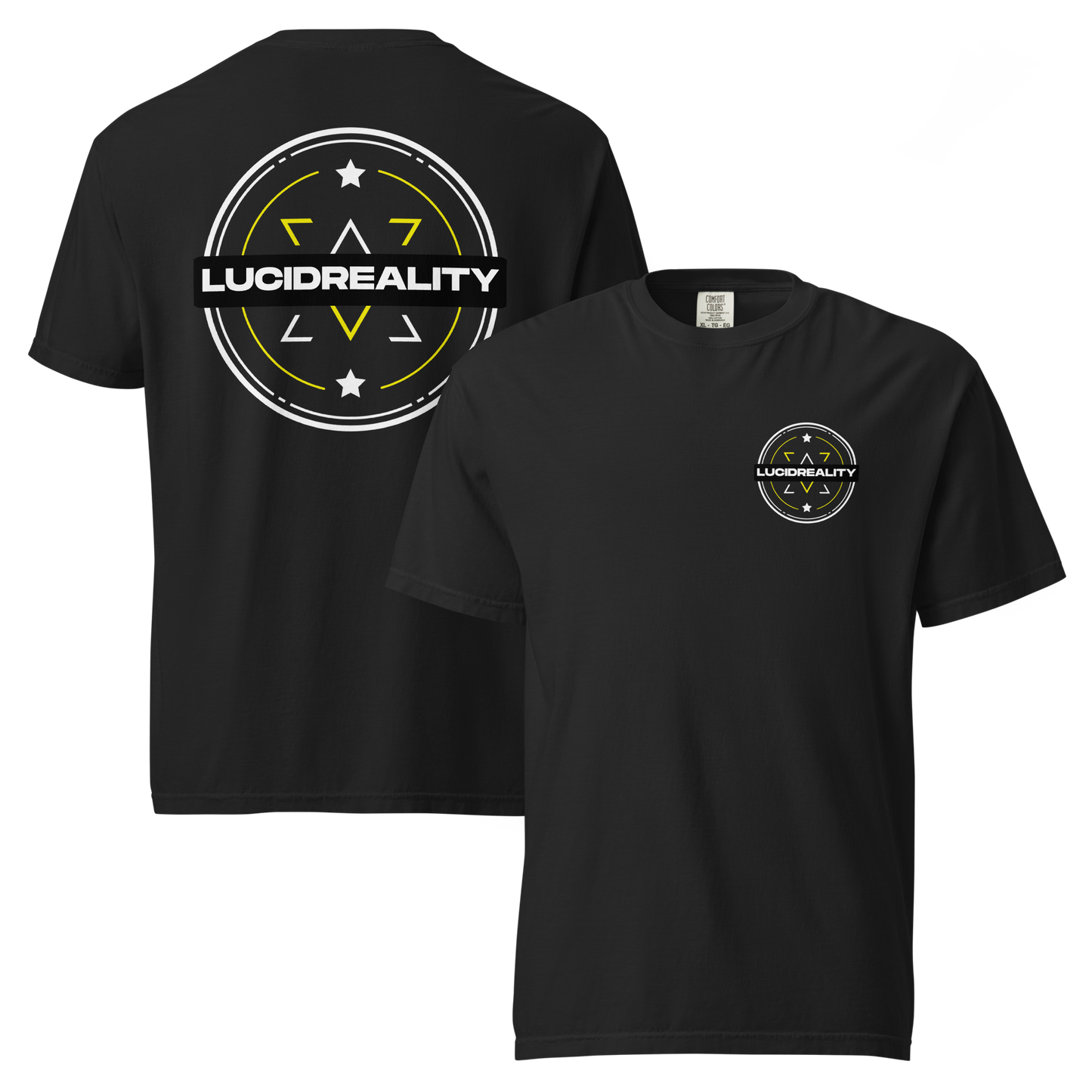 Lucid Reality Emblem Tee, front and back print, garment-dyed heavyweight unisex t-shirt