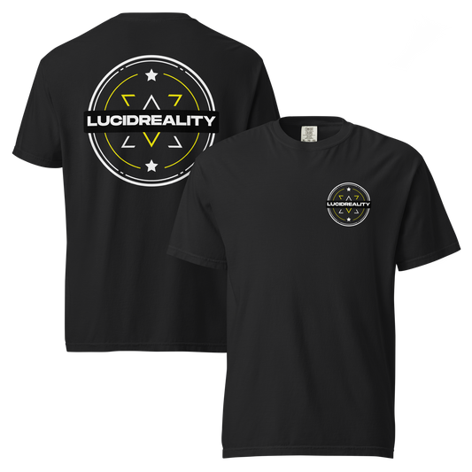 Lucid Reality Emblem Tee, front and back print, garment-dyed heavyweight unisex t-shirt