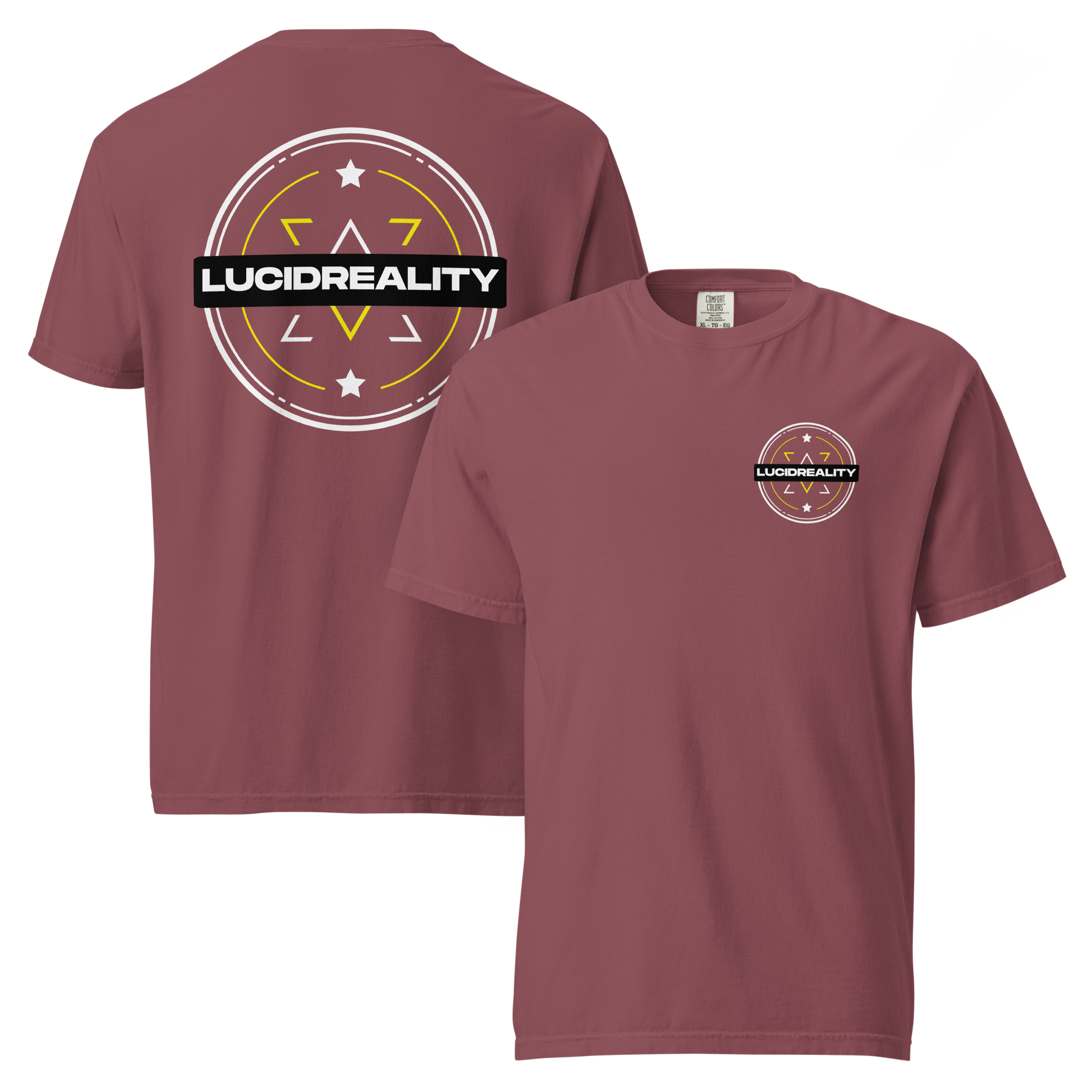 Lucid Reality Emblem Tee, front and back print, garment-dyed heavyweight unisex t-shirt