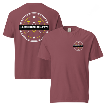 Lucid Reality Emblem Tee, front and back print, garment-dyed heavyweight unisex t-shirt