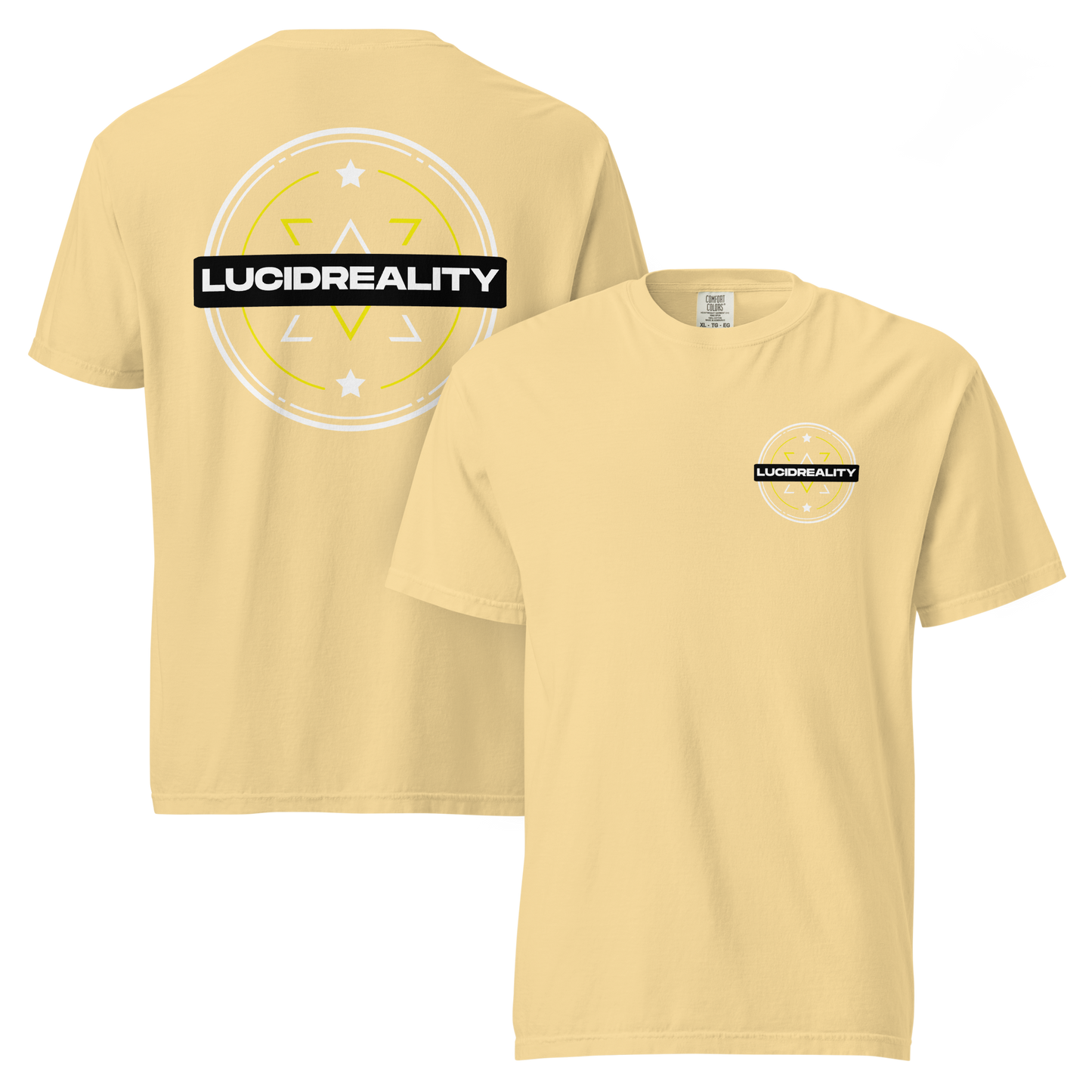 Lucid Reality Emblem Tee, front and back print, garment-dyed heavyweight unisex t-shirt