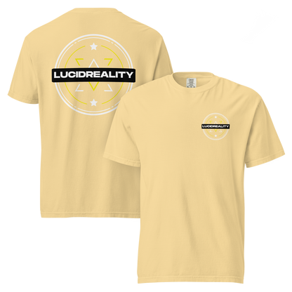 Lucid Reality Emblem Tee, front and back print, garment-dyed heavyweight unisex t-shirt